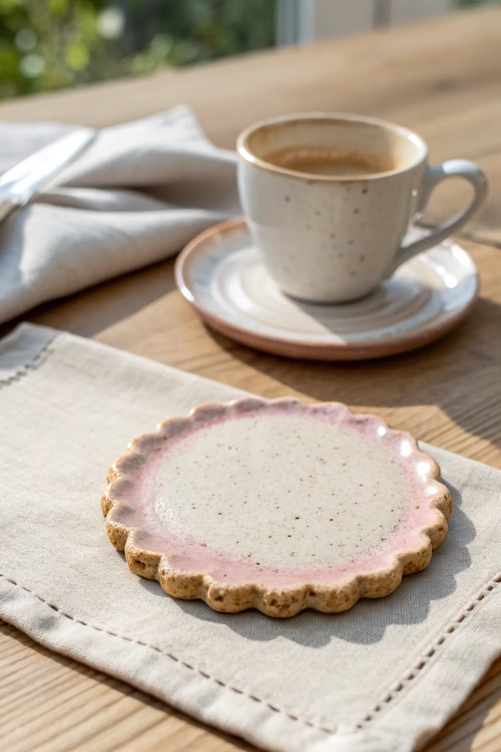Sweet scalloped clay coaster in creamy pastels, styled with espresso cup for vintage café vibes.