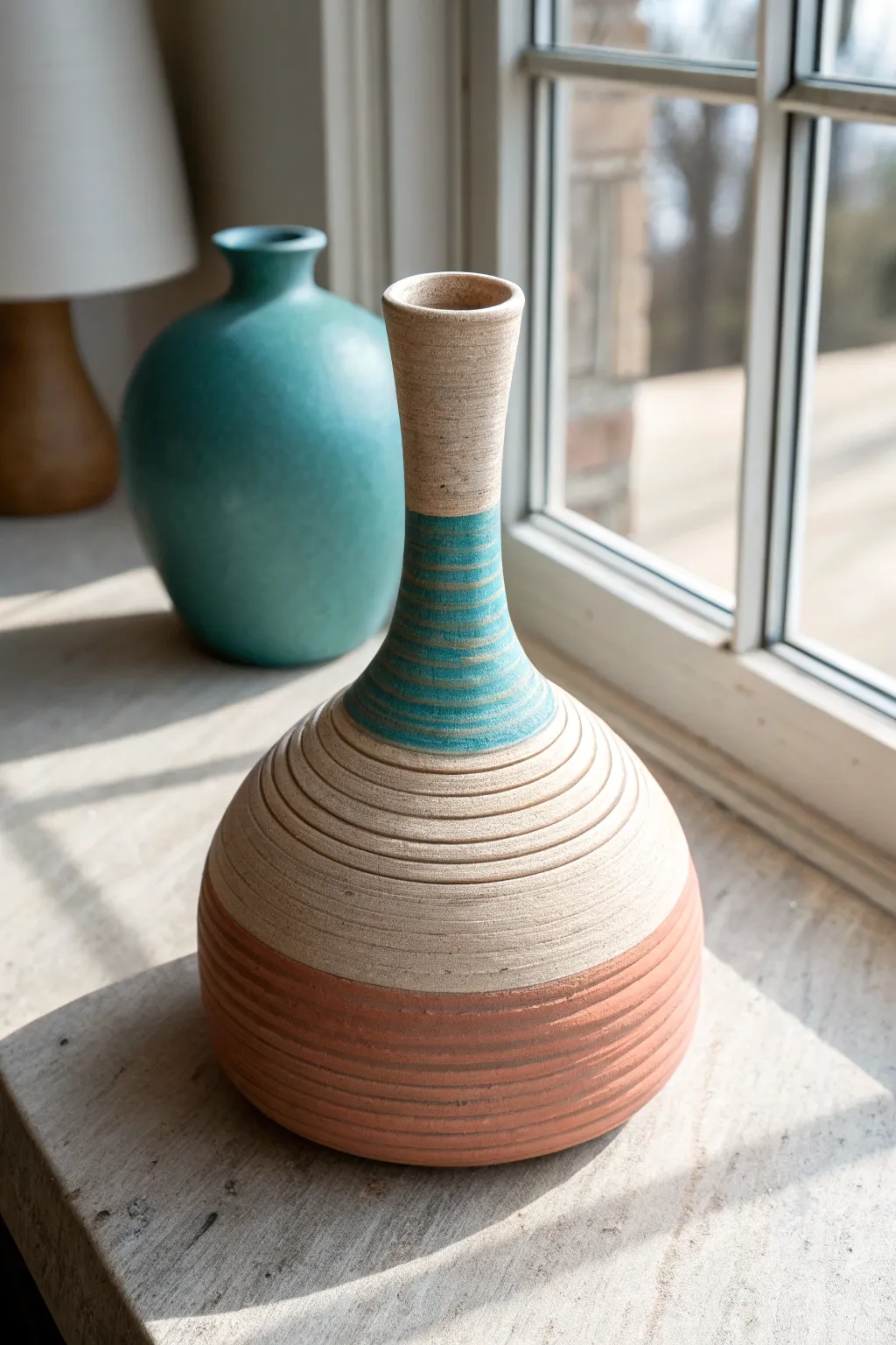Playful two-neck coil vessel in bold teal and terracotta, minimalist boho styling, crisp focus.