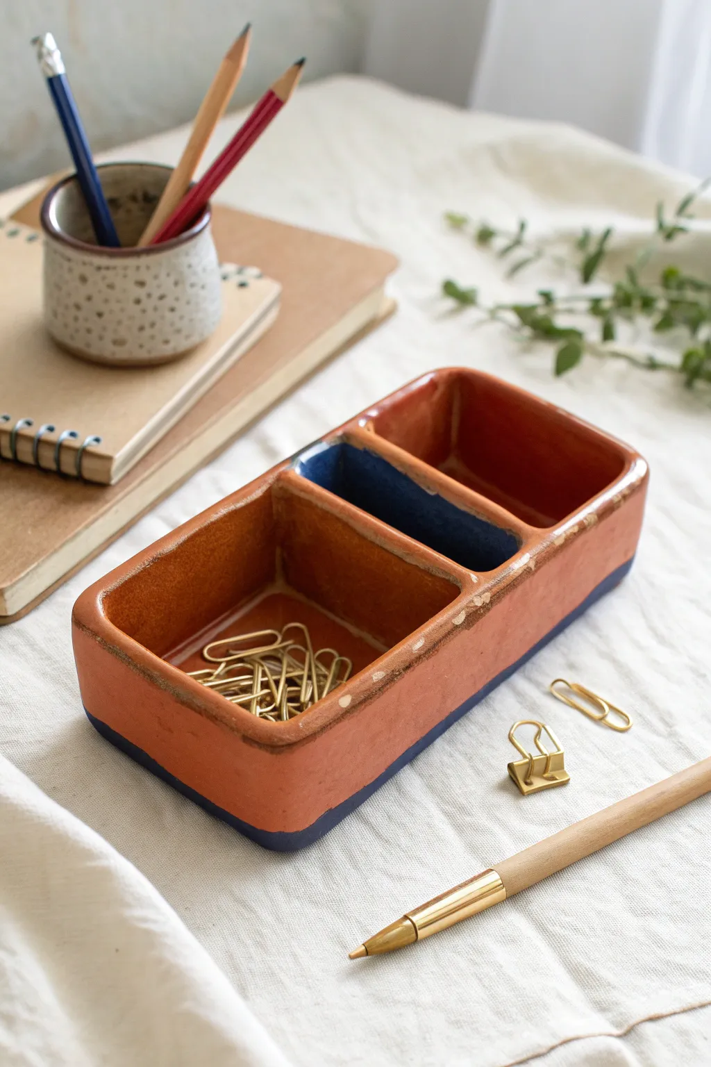 Minimal pinch pot desk organizer with bold glazed compartments for pens and paper clips.