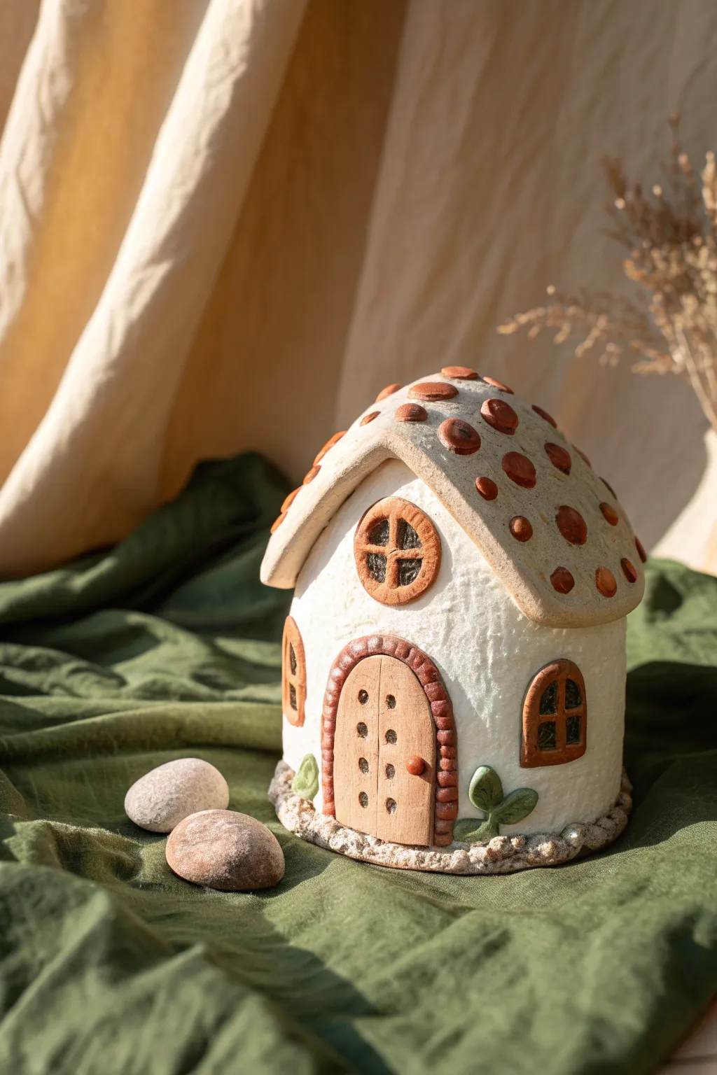 Sweet clay fairy house with tiny windows and pebble details on mossy linen, simple and magical