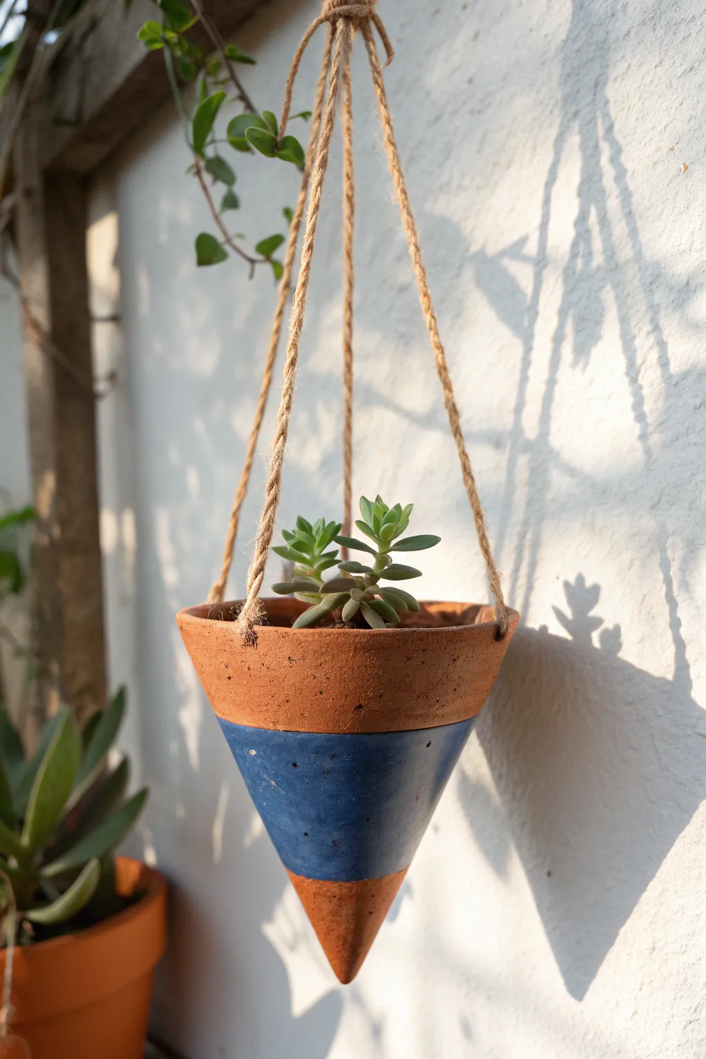 Minimal clay cone planter with bold glaze and simple cord, bringing boho calm to any wall.