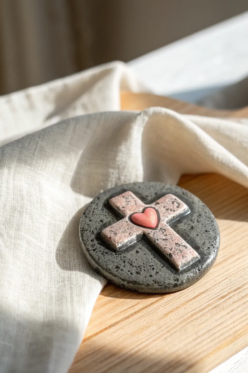 Heart-centered clay cross medallion with matte stone finish and a glossy blush heart detail.
