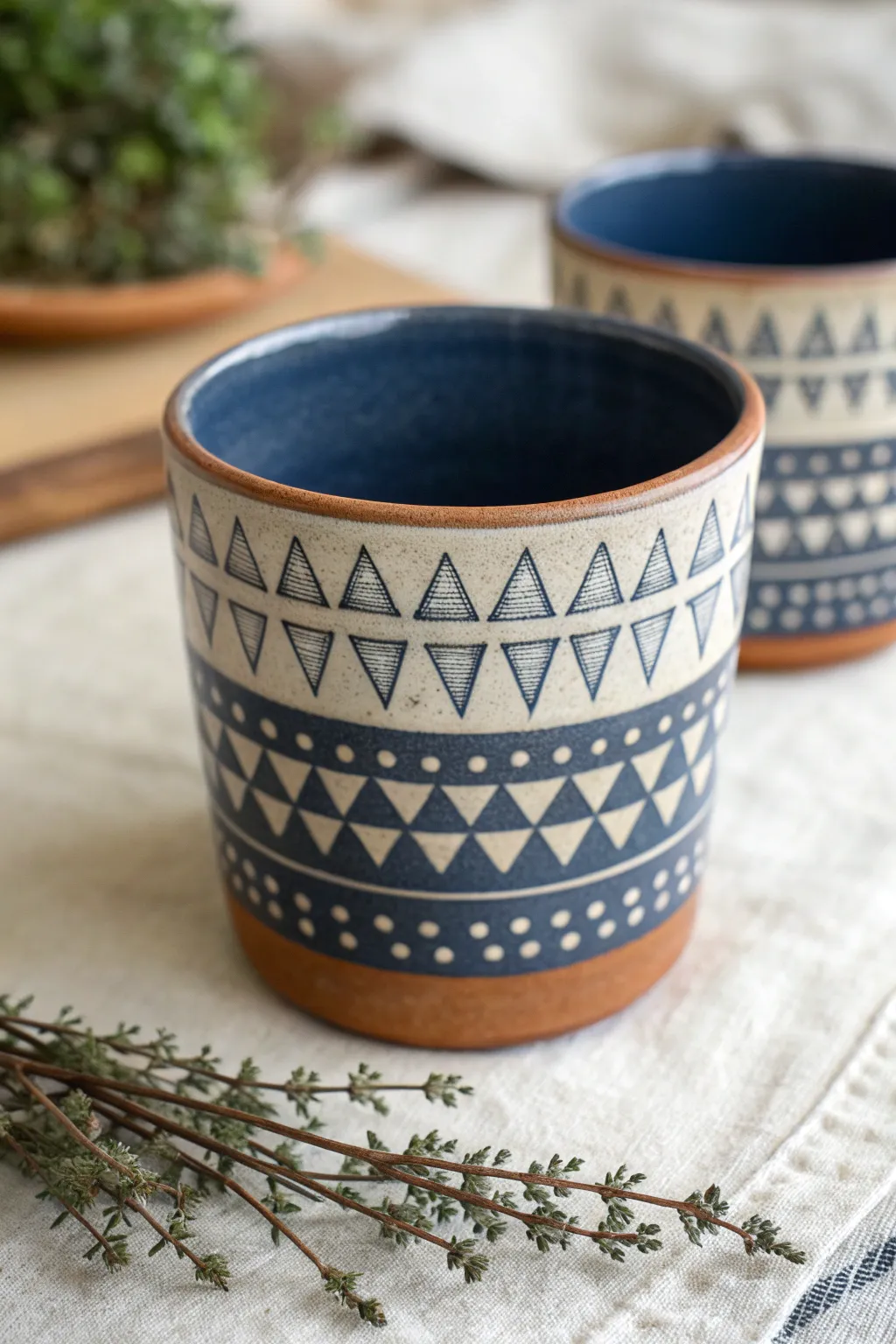 Stamped geometric cups with bold glaze and natural clay, minimalist boho style for cozy sipping.
