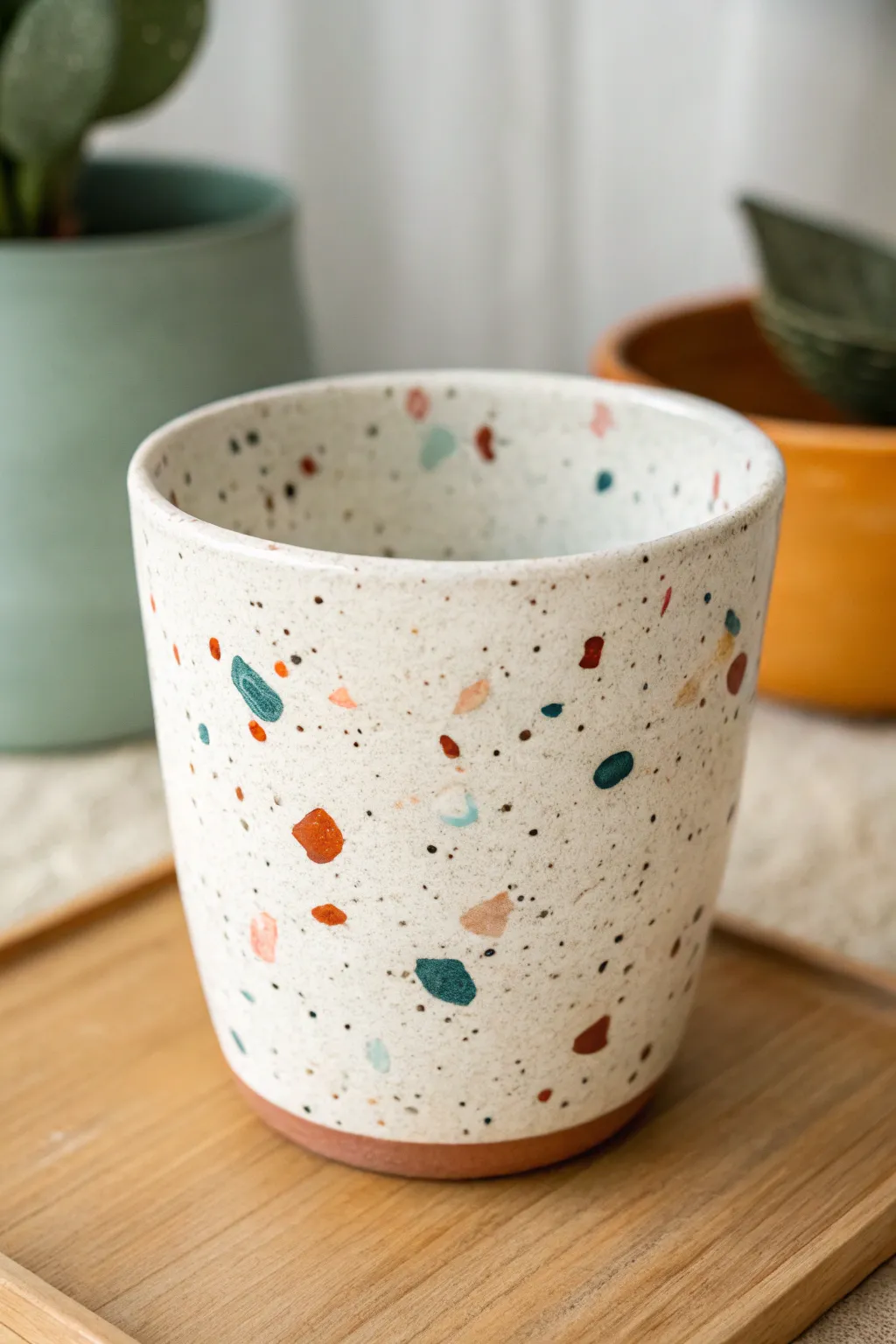 Terrazzo speckles and tiny dashes add a modern pop to a simple handmade clay cup