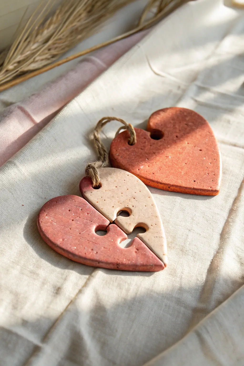Two-piece clay puzzle heart tokens in bold earthy hues, a sweet minimalist date keepsake.