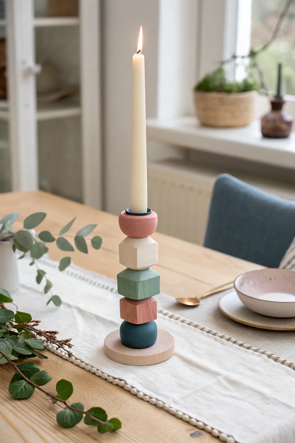 Pastel stacked clay candlestick with a bold accent—Scandi minimalism meets soft boho.