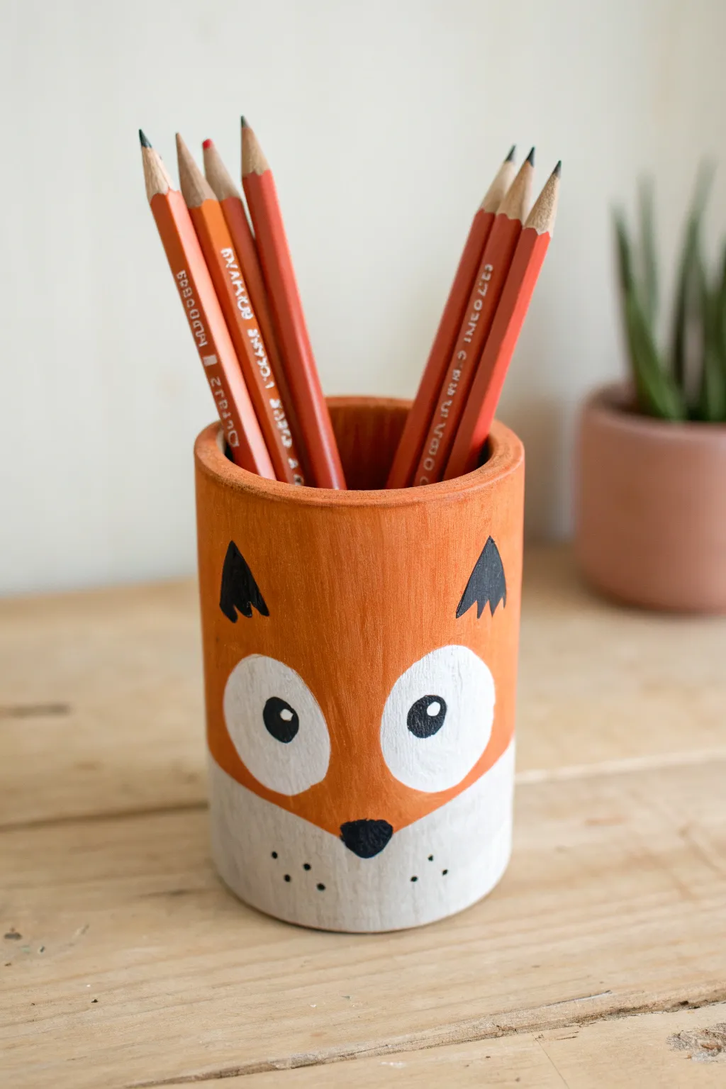 Simple fox-face clay pencil cup with bold colors and friendly features, perfect for kids crafts