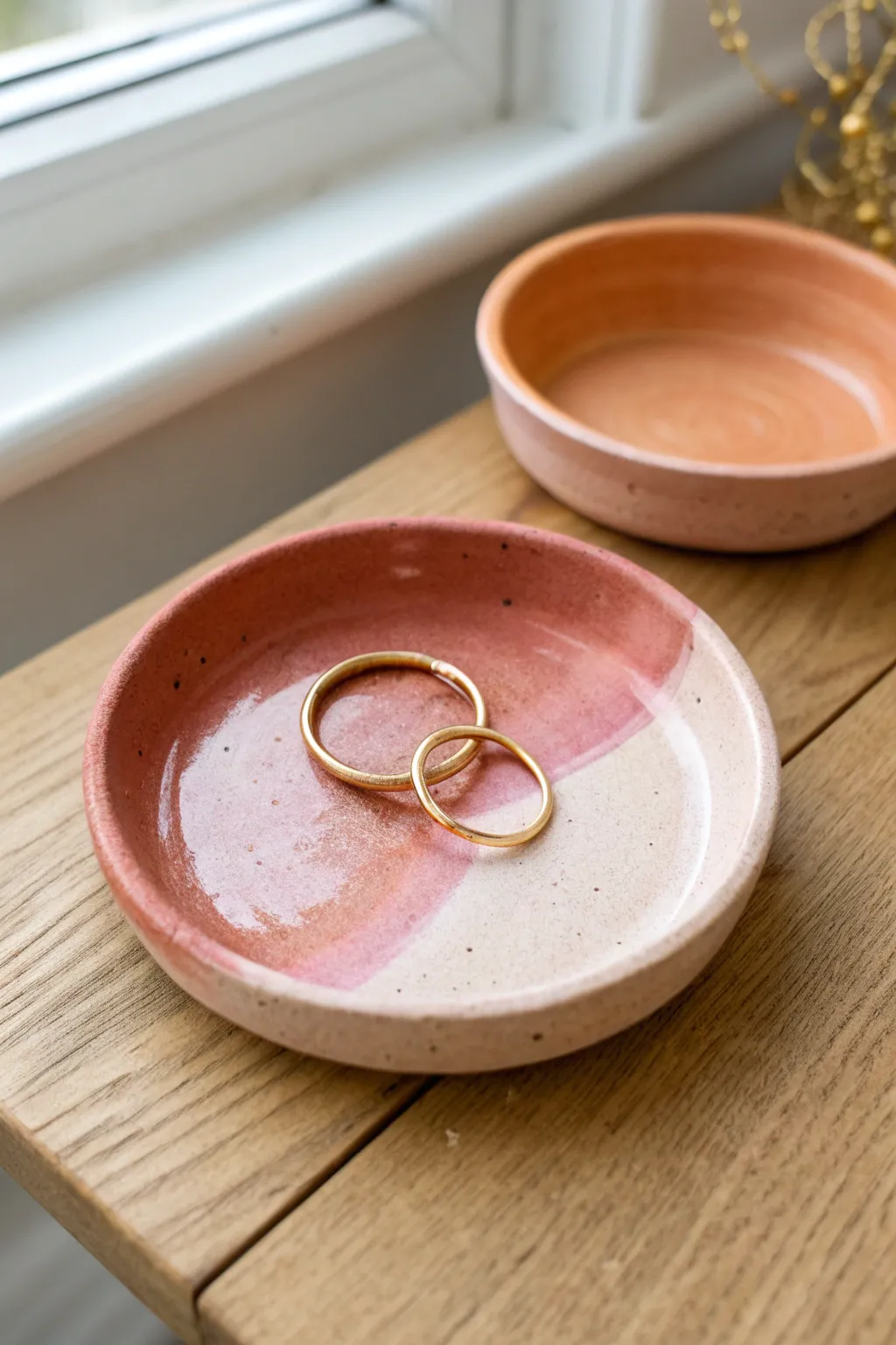 Ombre ring dish in blush-to-terracotta tones, styled with simple gold jewelry for contrast.