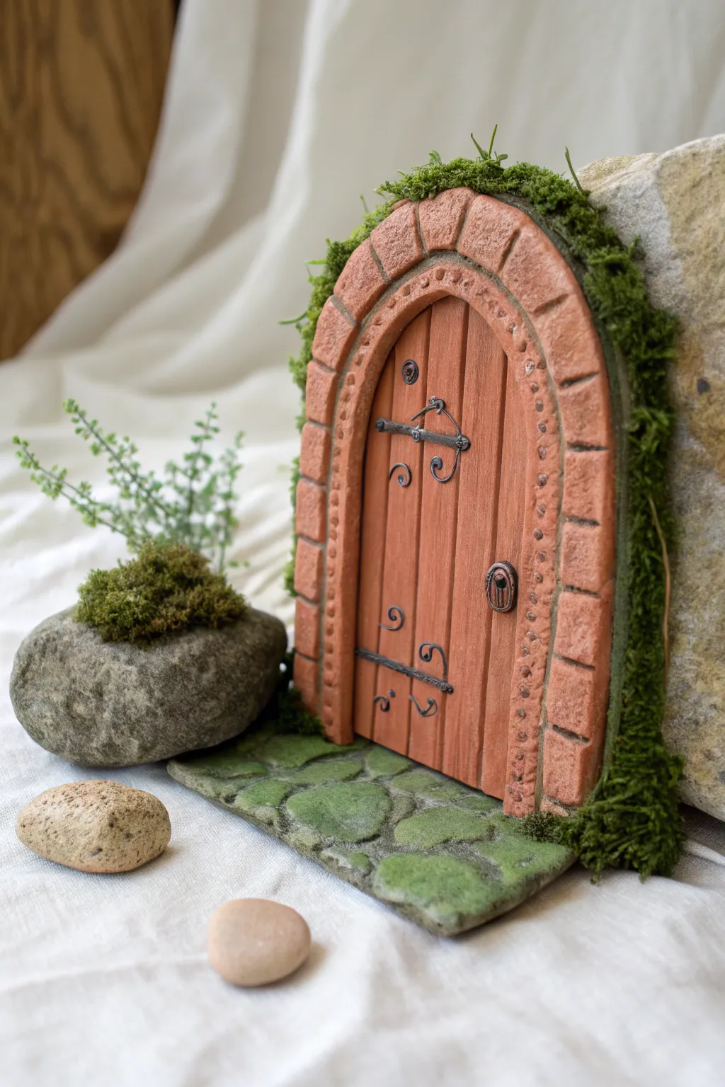 A tiny clay fairy door with a mossy stone step, simple, cozy, and ready for your garden.