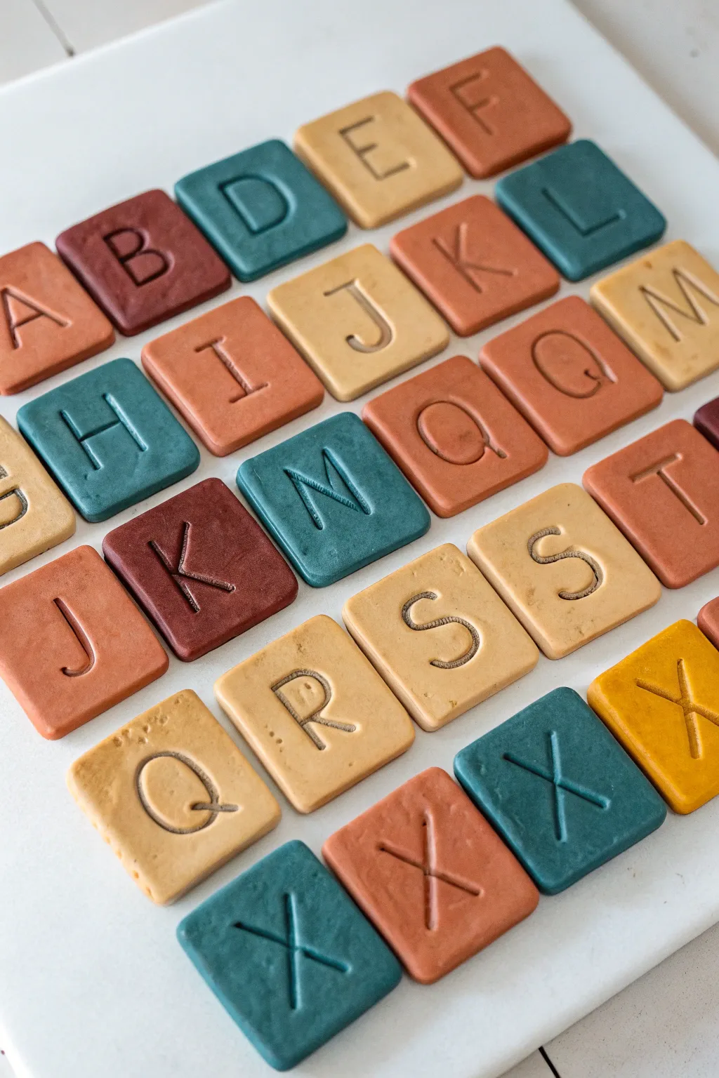 Minimalist clay dough letter tiles in a bold boho palette, perfect for playful alphabet crafts