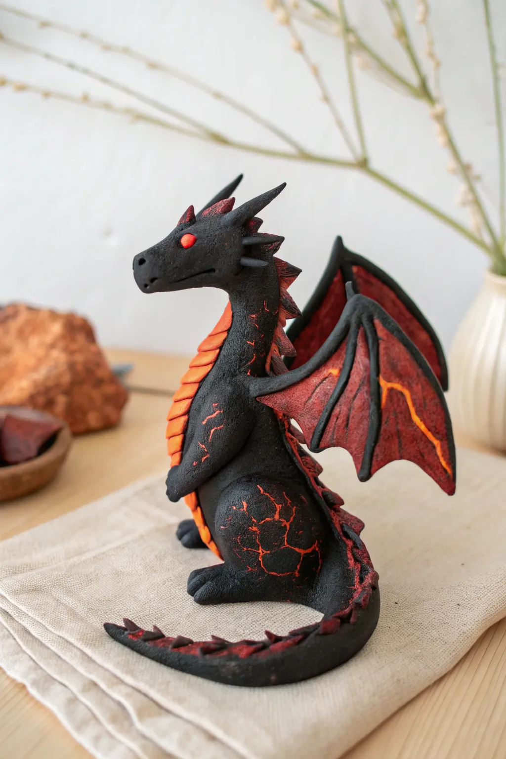 Lava Ridge Fire Dragon: matte black clay with fiery crackle lines for bold, handmade contrast