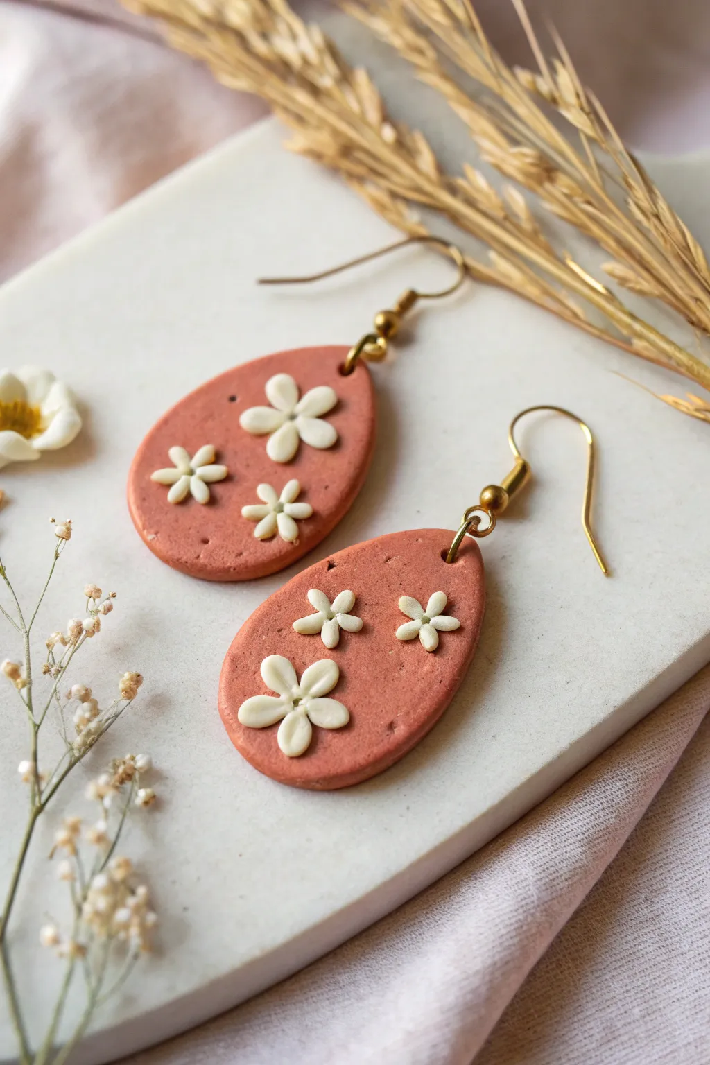 Tiny raised floral appliqués turn simple clay earrings into a sweet, modern statement piece.