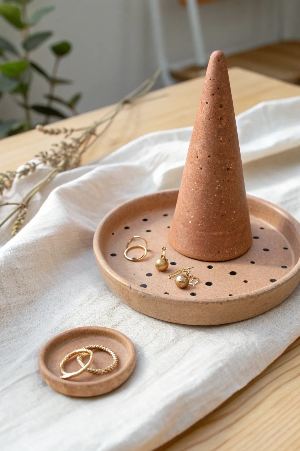 Minimal clay ring cone and stud plate keeps earrings neat in chic Scandinavian boho style.