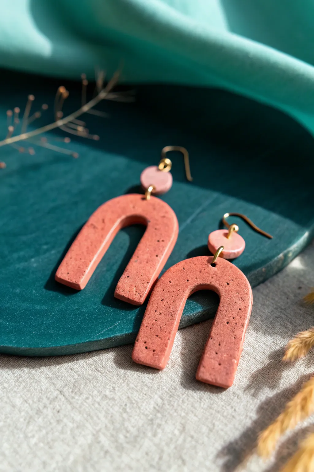 Negative-space arch clay earring in bold coral on deep teal for a clean, airy statement