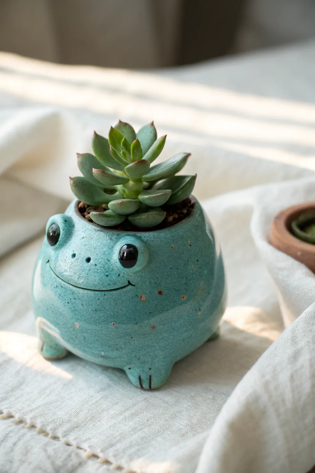 A cute teal frog planter buddy holding a tiny succulent, minimal design with bold contrast.