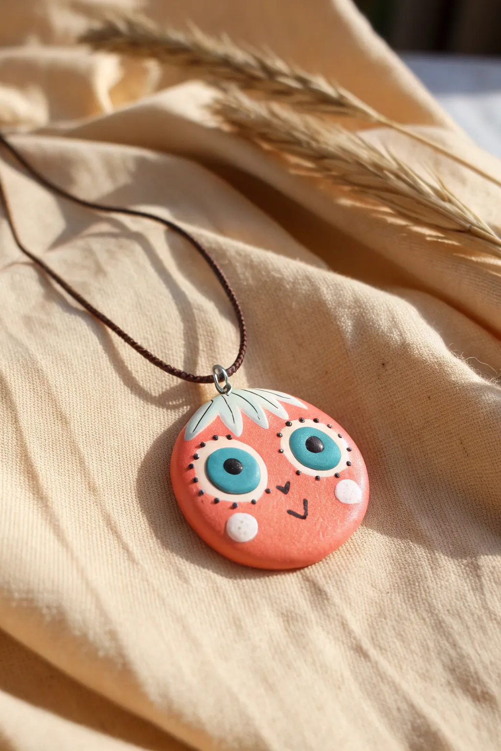 Big-eyed clay face pendant in bold colors, a simple cute piece with Scandinavian boho charm.