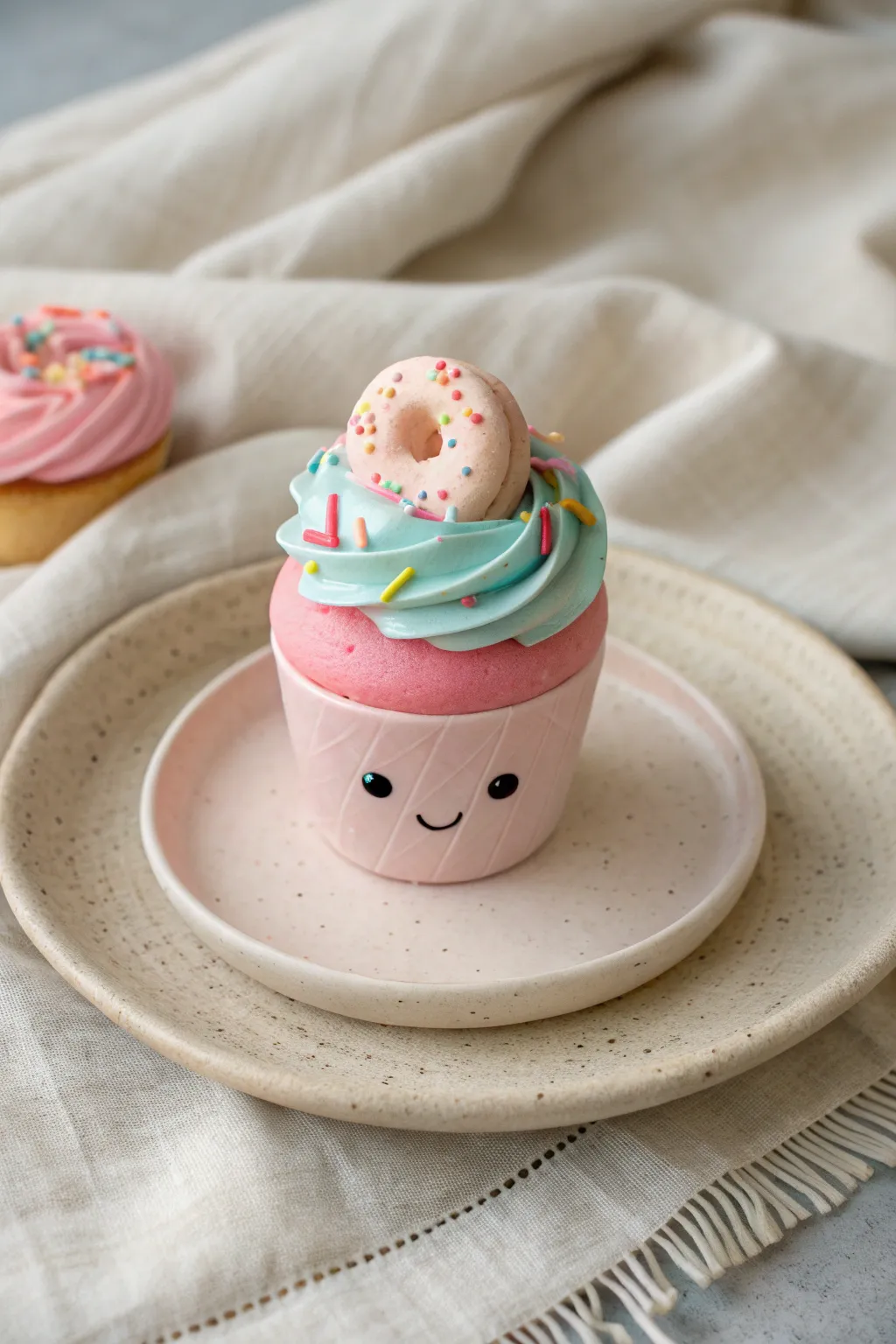 Sweet beginner clay dessert mascot: pastel cupcake with donut topper, sprinkles, swirls