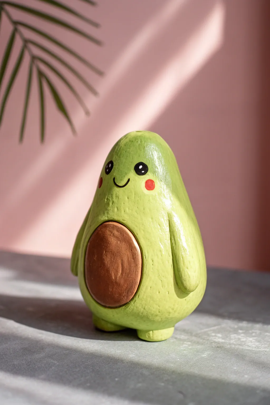 Cheerful avocado clay character with pit belly, bold green on minimalist backdrop.