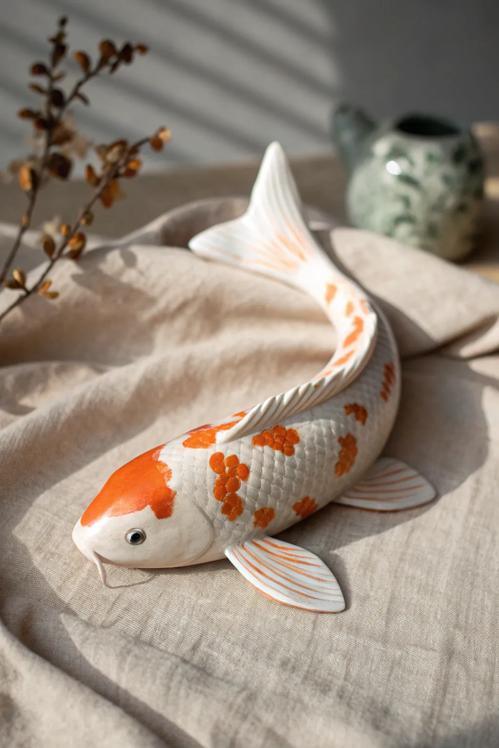 Koi-inspired clay fish with a flowing tail and soft orange-white markings on a serene neutral backdrop