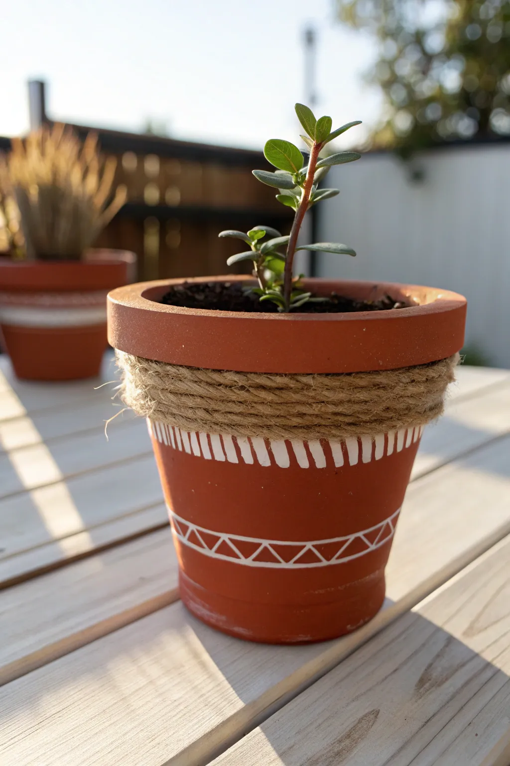 Twine-wrapped terracotta pot with simple bold stripes, sunlit and minimal for cozy boho style.