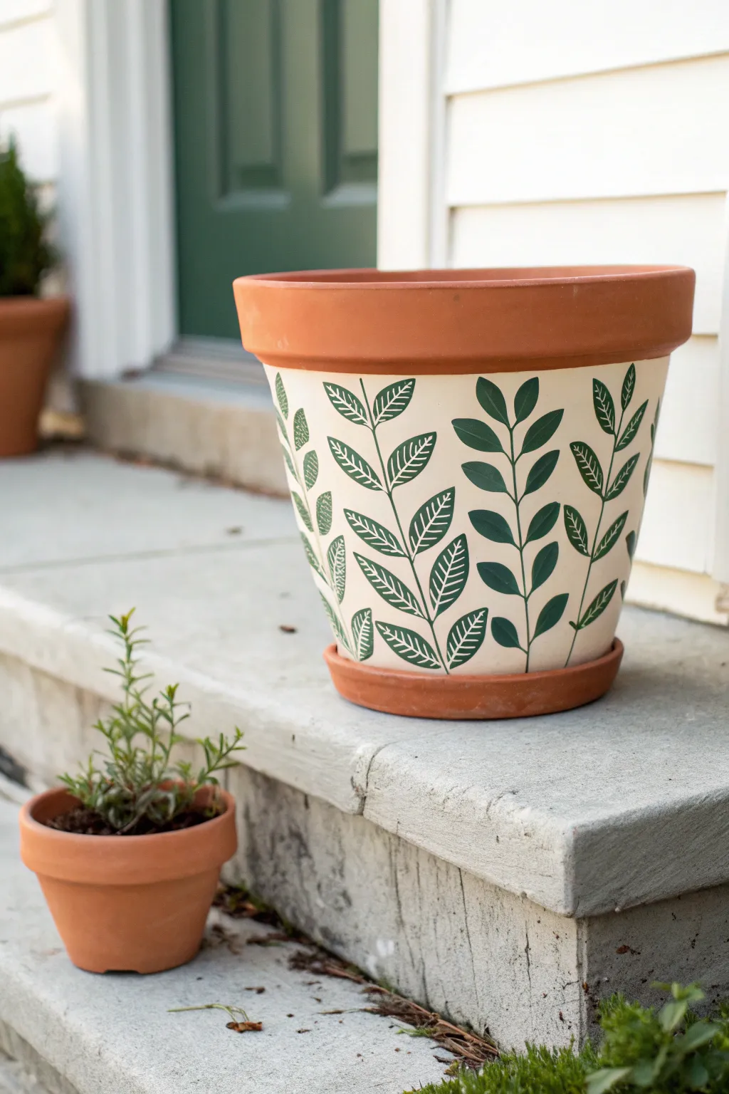 Stencil leaf pattern in bold green brings easy, consistent style to a minimalist clay pot.