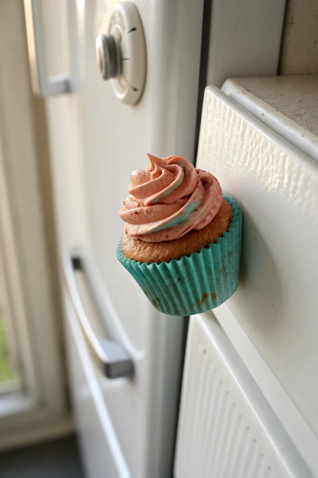 Sweet cupcake clay magnet with swirled frosting, a bold pop of color on a minimalist fridge.