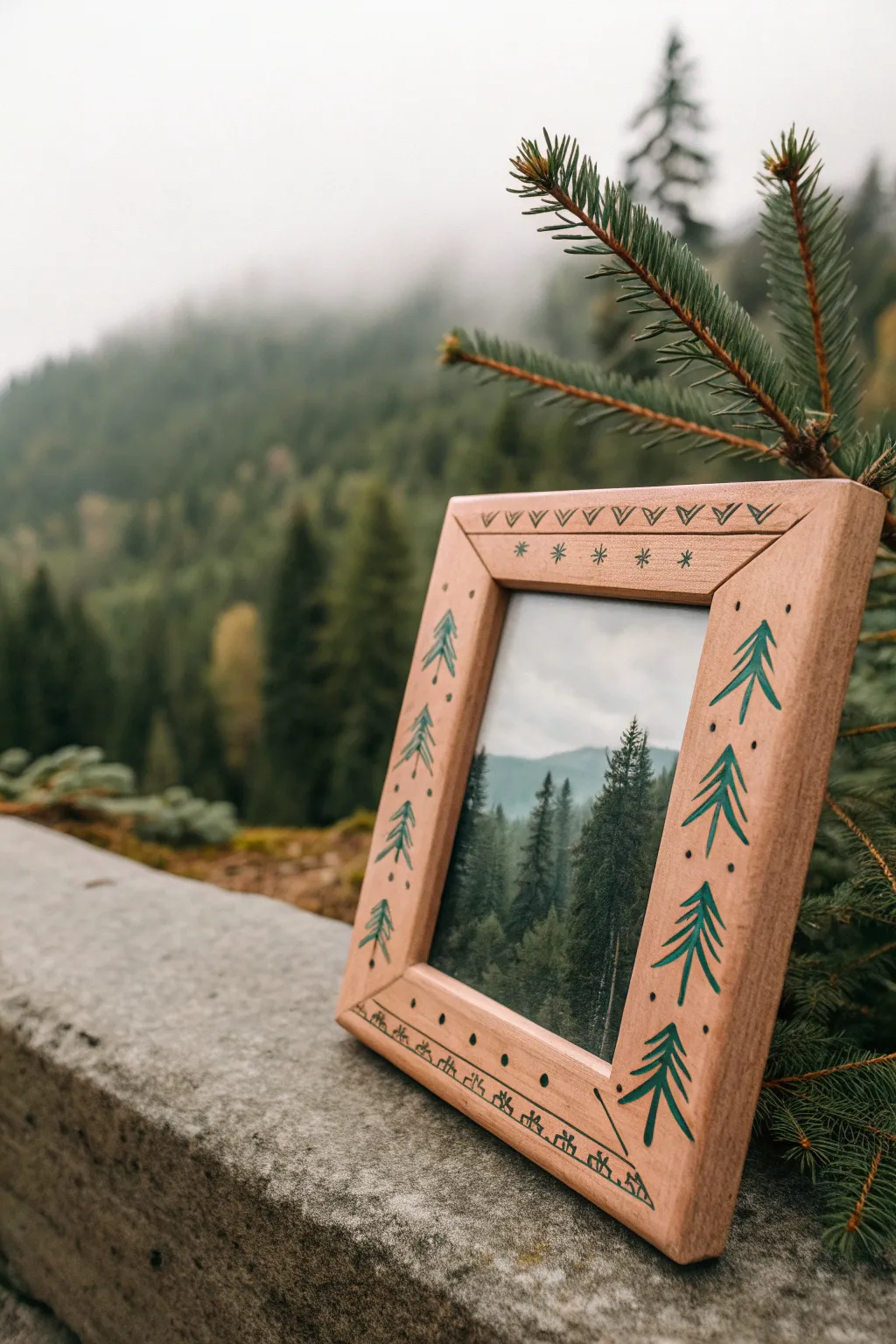 Forest relief clay frame with pine and mountain details, Nordic minimalism in earthy bold tones