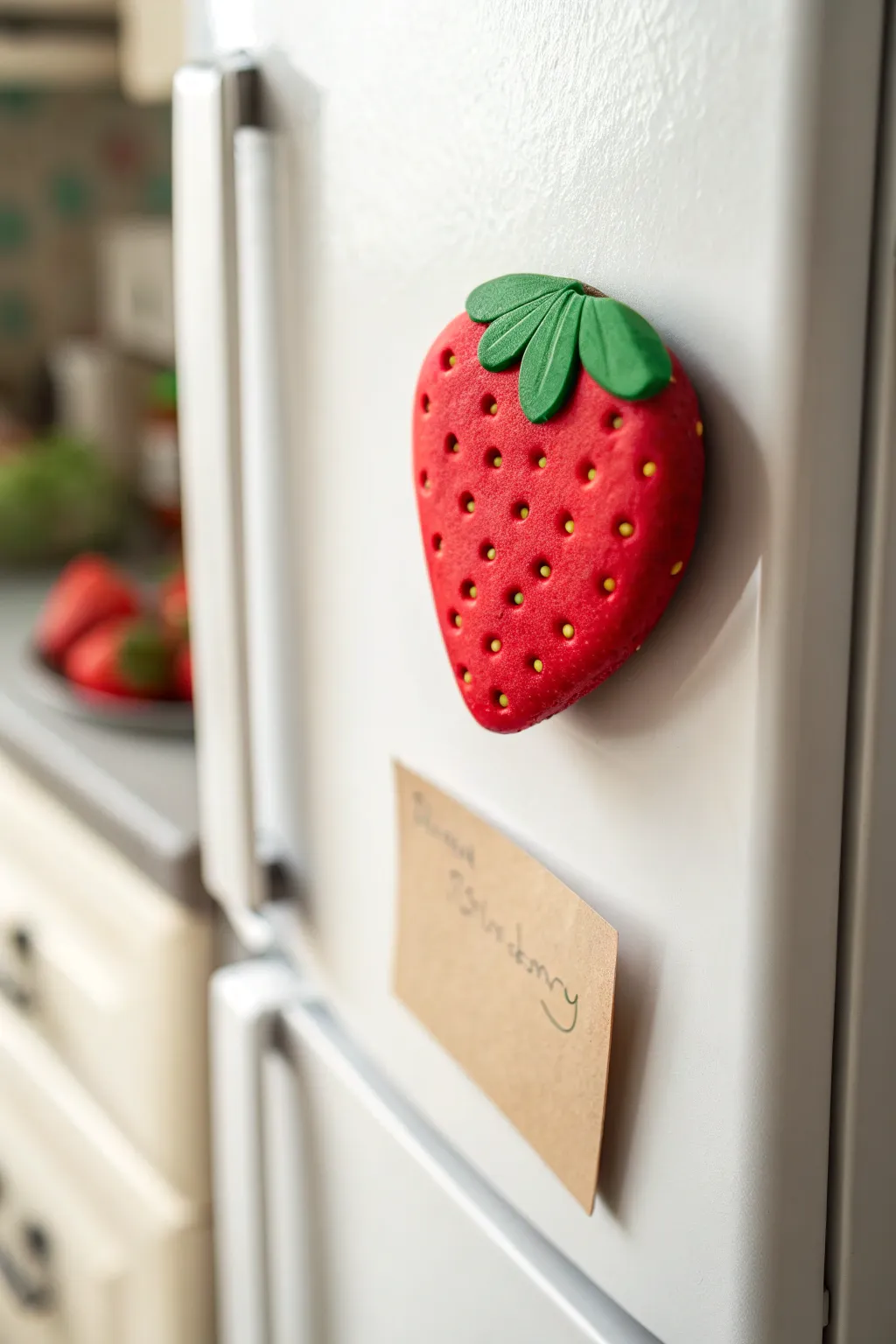 Sweet strawberry clay magnet with seed texture, holding a tiny blank note on the fridge