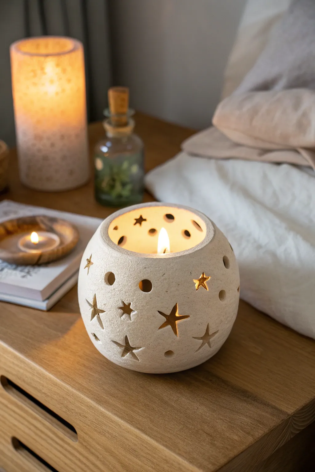 Soft-glowing clay tealight lantern with simple cutouts casting bold, cozy shadows
