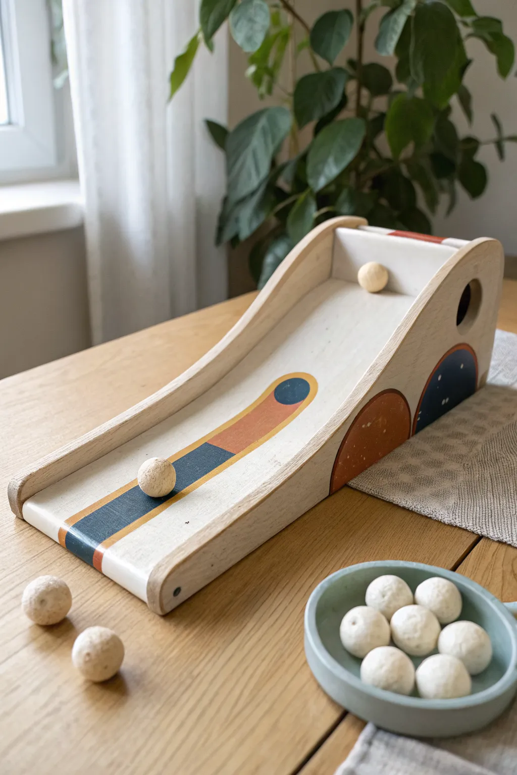 Playful mini skee-ball clay ramp with bold color rims and tiny balls, made for easy at-home games