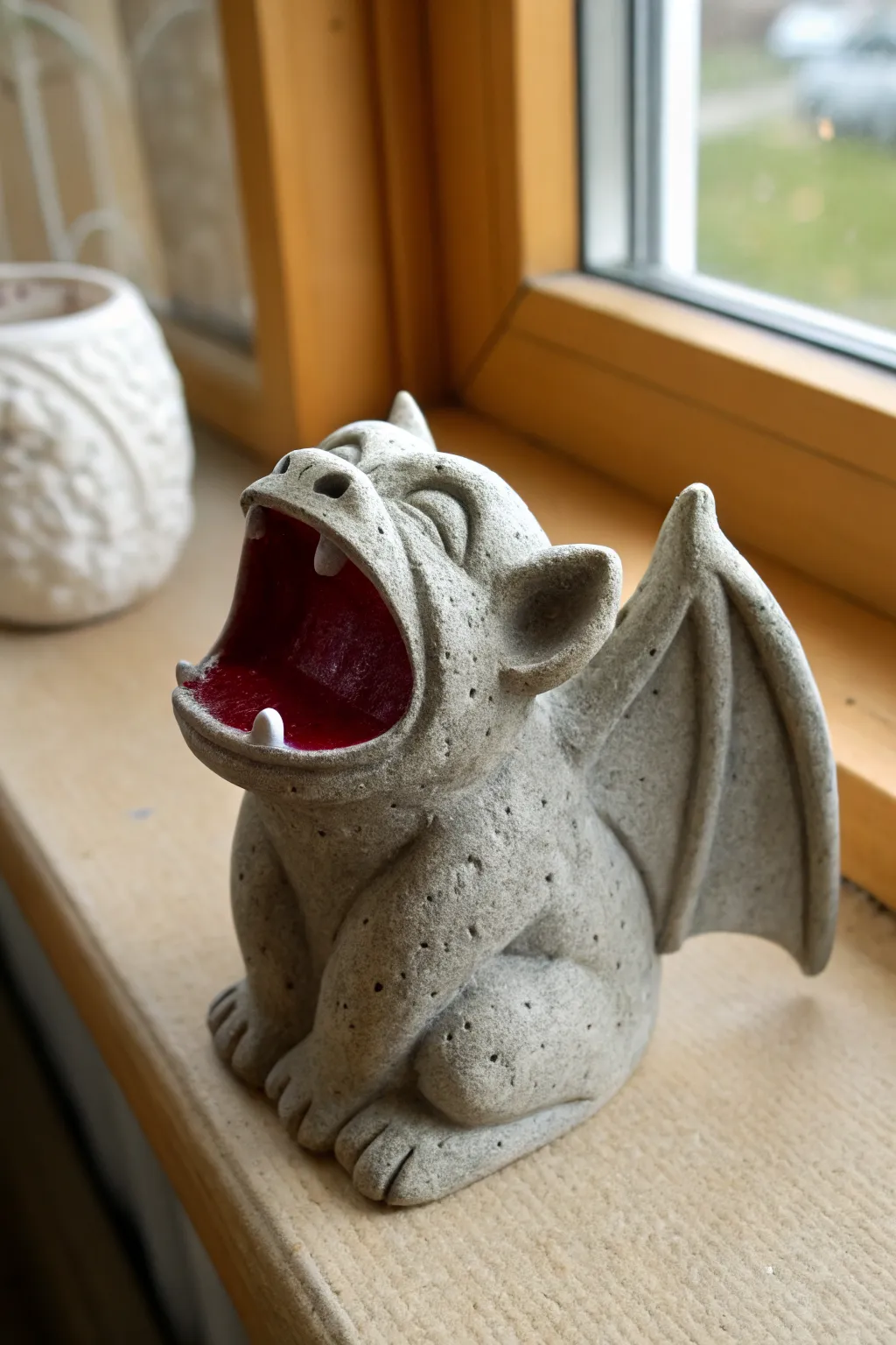 Stone-gray clay gargoyle with a deep red mouth glaze for a striking high-contrast pop
