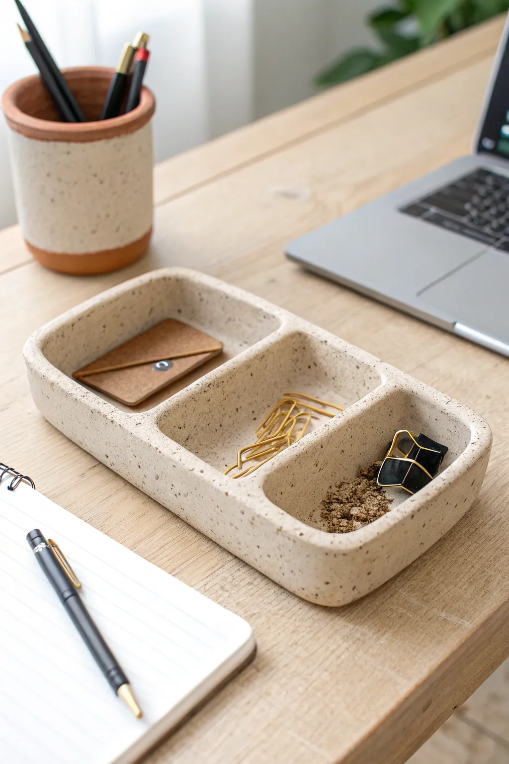 Minimal speckled clay desk tray with tidy clips and pen, a chic handmade gift idea.