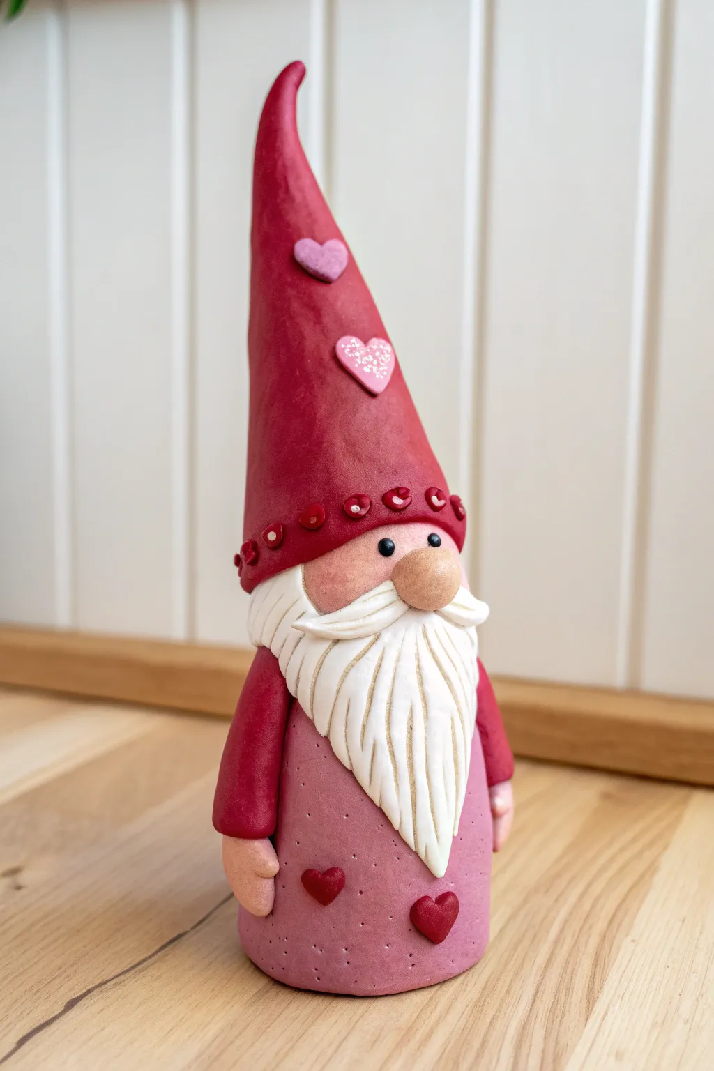 Sweet Valentine gnome in rosy clay with a tiny heart hat, minimalist and handmade charm.