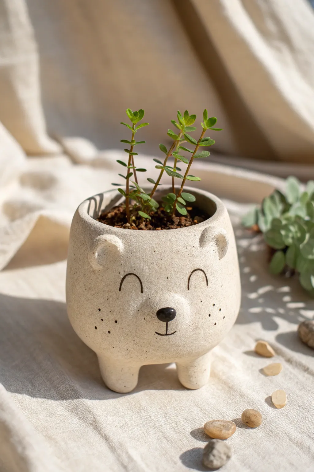 Pinch-pot animal planter idea: a sweet minimal bear with a tiny plant for instant charm