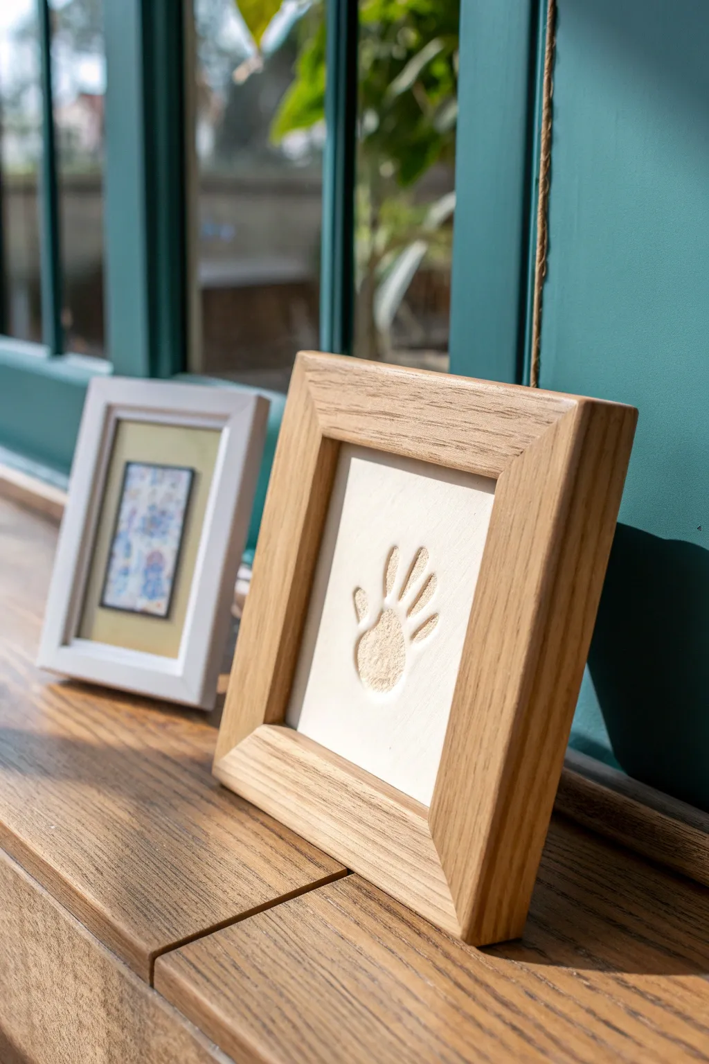 A simple frame elevated with a clay handprint corner tile, soft neutrals against a bold backdrop.