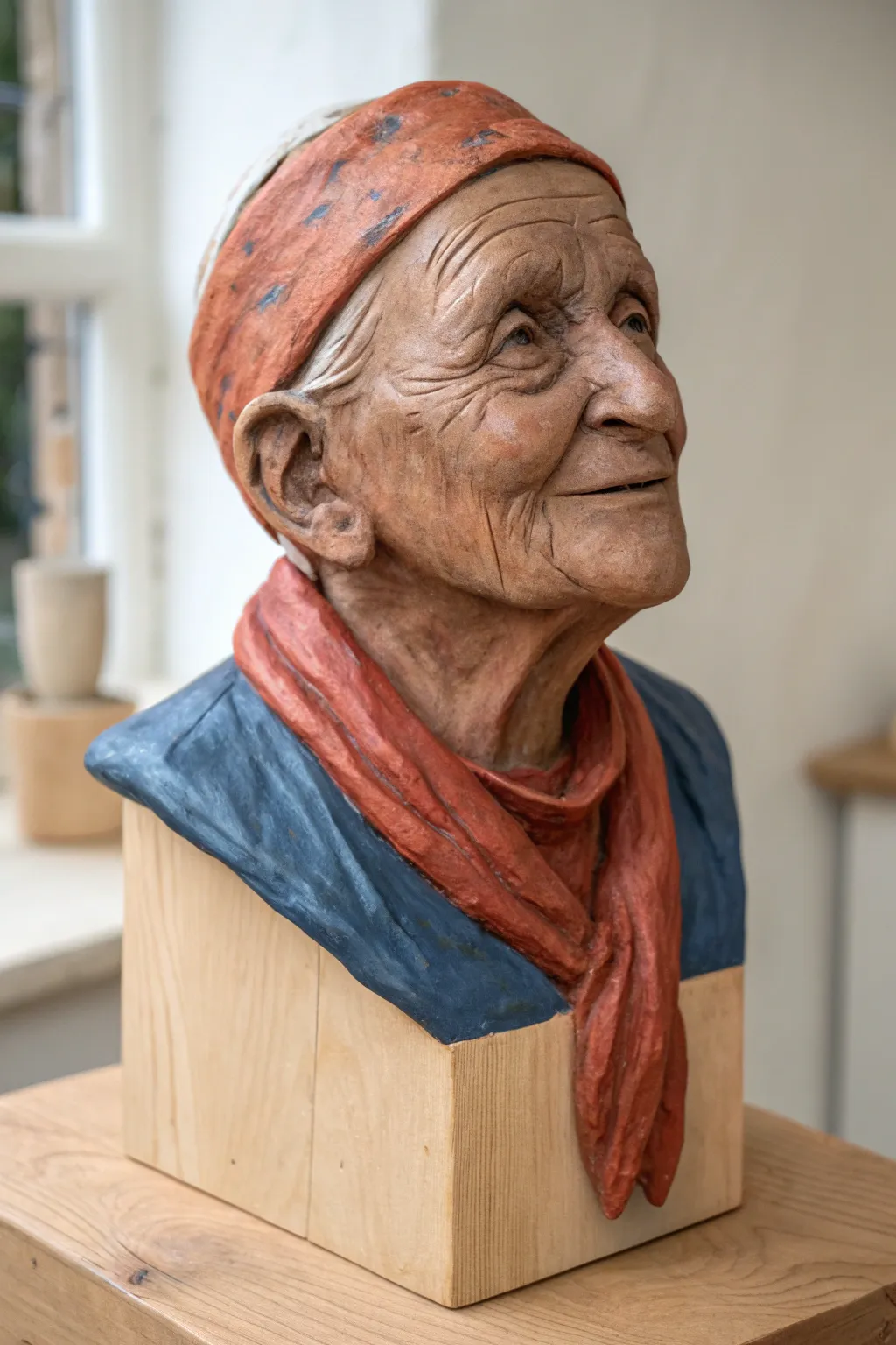 Gentle elder clay head with soft wrinkles and a kind smile, styled in warm earthy tones.