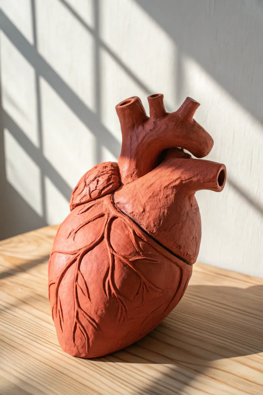 Oversized clay heart demo with bold vessels and clean contrast, perfect for classroom scale.
