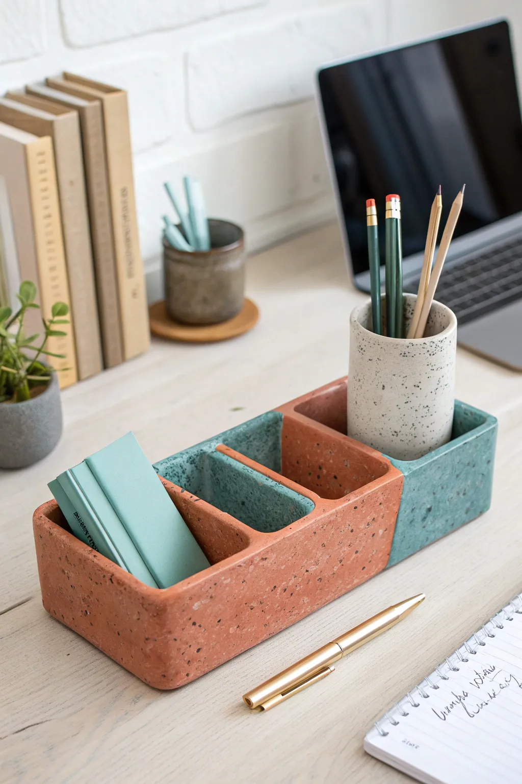 Modern clay desk organizer set in bold colors for a tidy, minimalist workspace with boho warmth