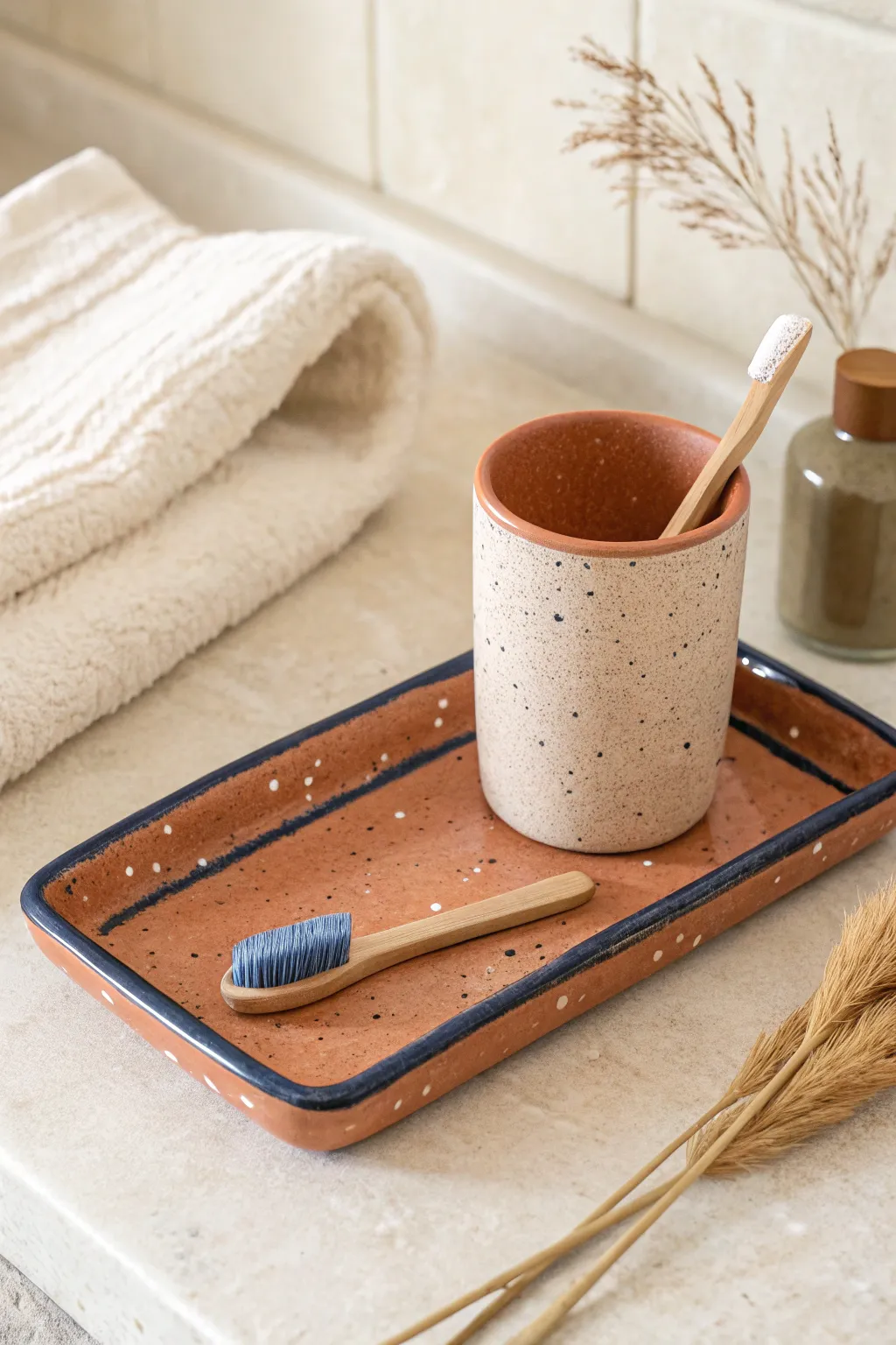 Minimal air-dry clay vanity tray with matching cup, elevating your bathroom with handmade calm.