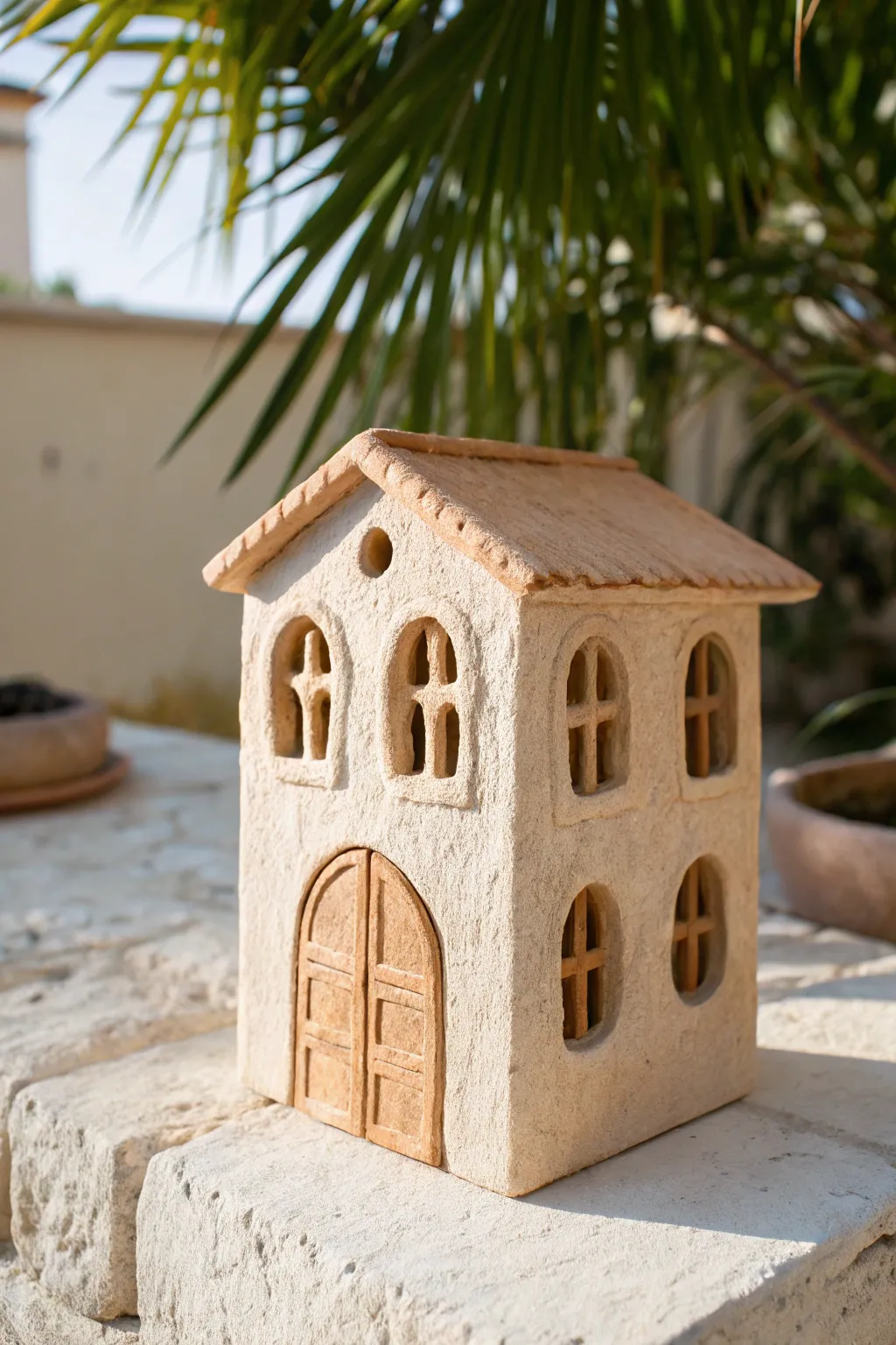 Mini Mediterranean clay house with arched windows, warm stucco texture, bright minimal styling