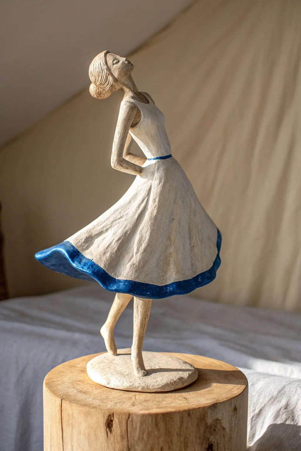Twist pose clay figure with a flowing skirt silhouette, minimalist form, bold color, high contrast