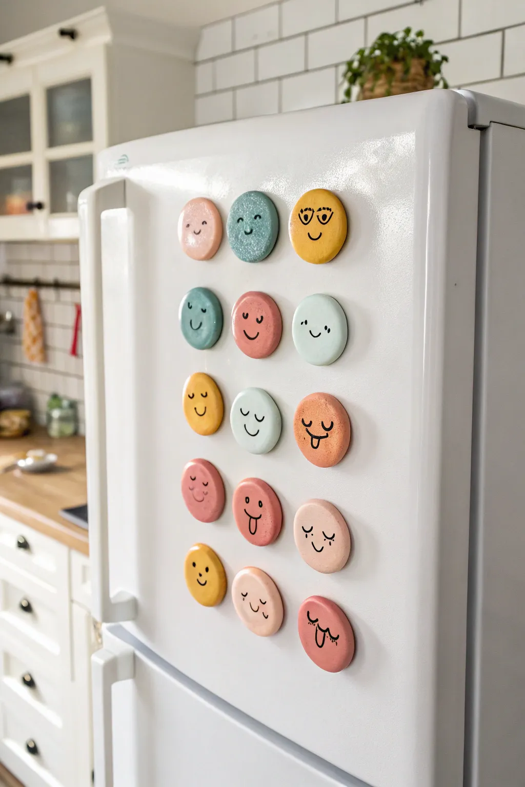 Tiny clay magnet set in bold minimal colors, each with a matching expression for cute kitchen decor
