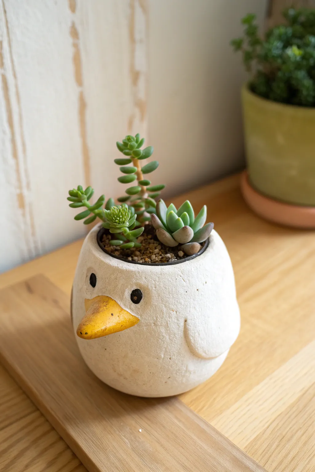 Sweet handmade duck pinch pot planter with a fresh sprig, minimal Nordic-boho styling.