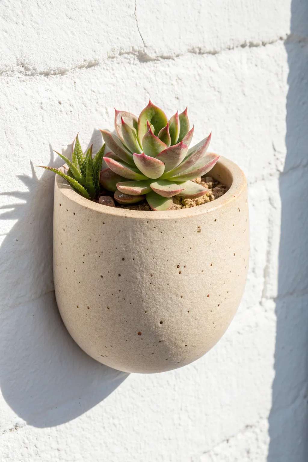 Minimal clay wall pocket with a blush tipped air plant for an instant tiny botanical moment.