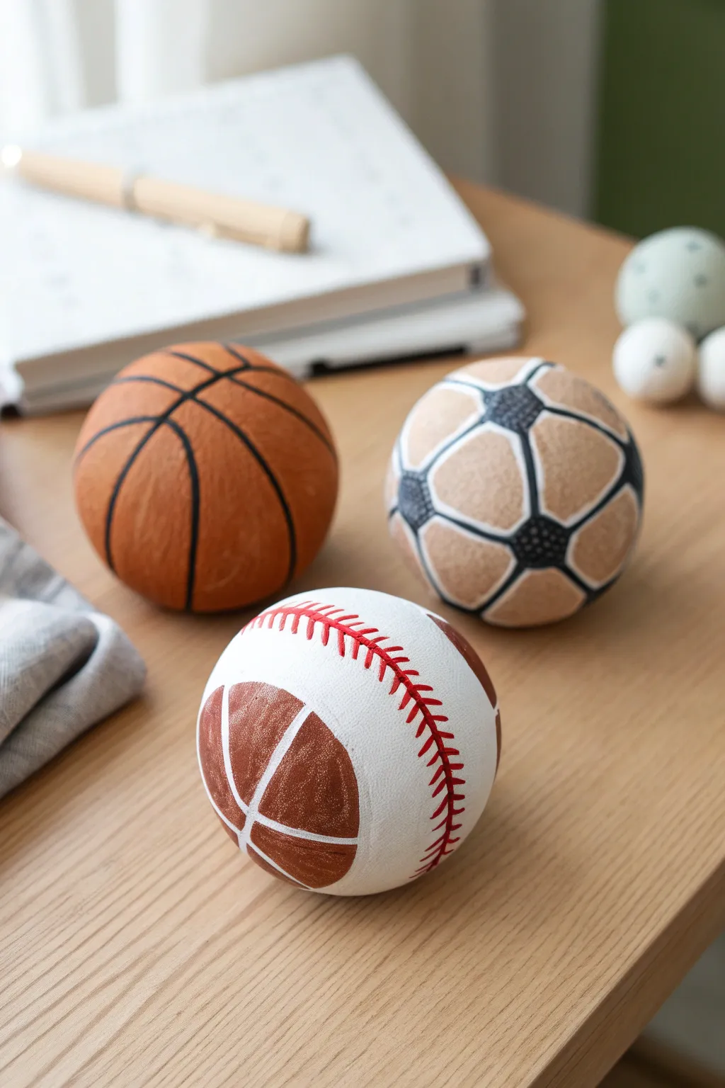 DIY clay sports ball paperweights with clean lines and bold color, perfect for a playful desk