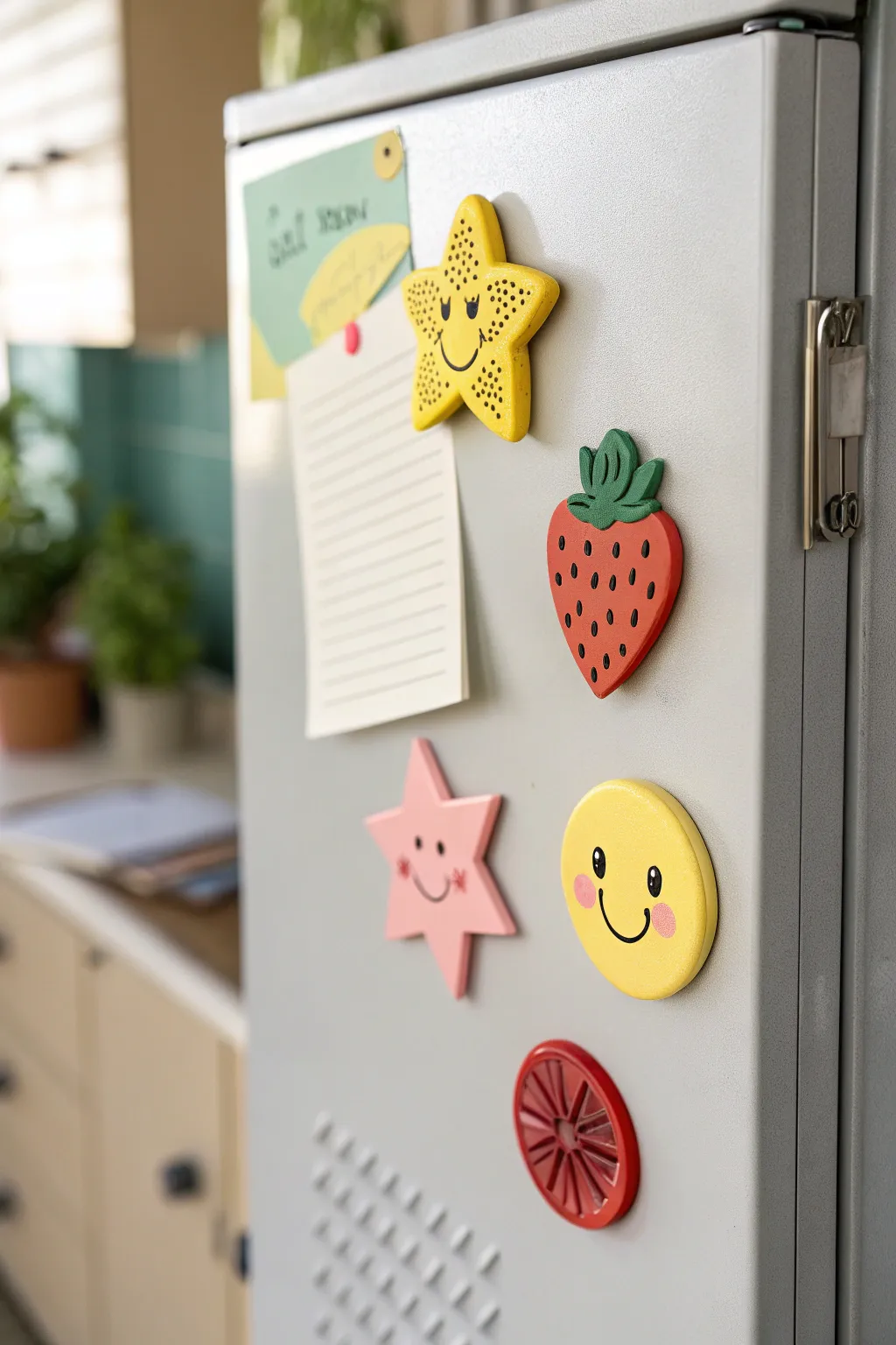 Tiny colorful clay magnets brighten a locker door, holding a note in clean Scandinavian style