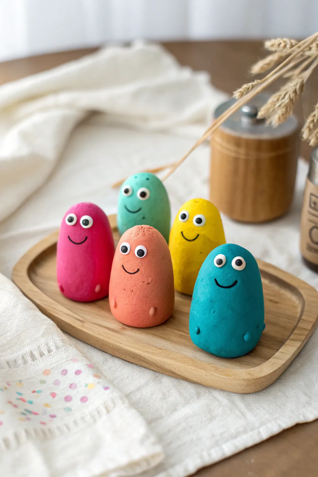 Bright blob monsters with craft eyes, a toddler-friendly clay idea that looks cute on any shelf.