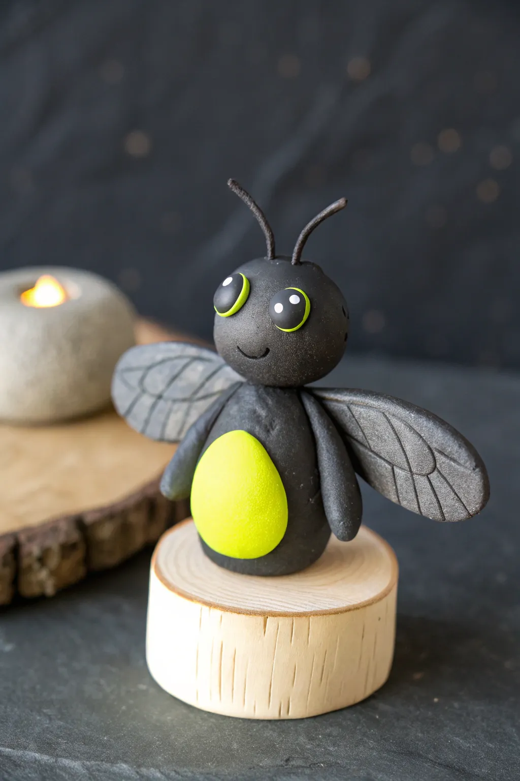 Simple clay firefly with a neon glow belly, perfect for adding magic to your pottery shelf.