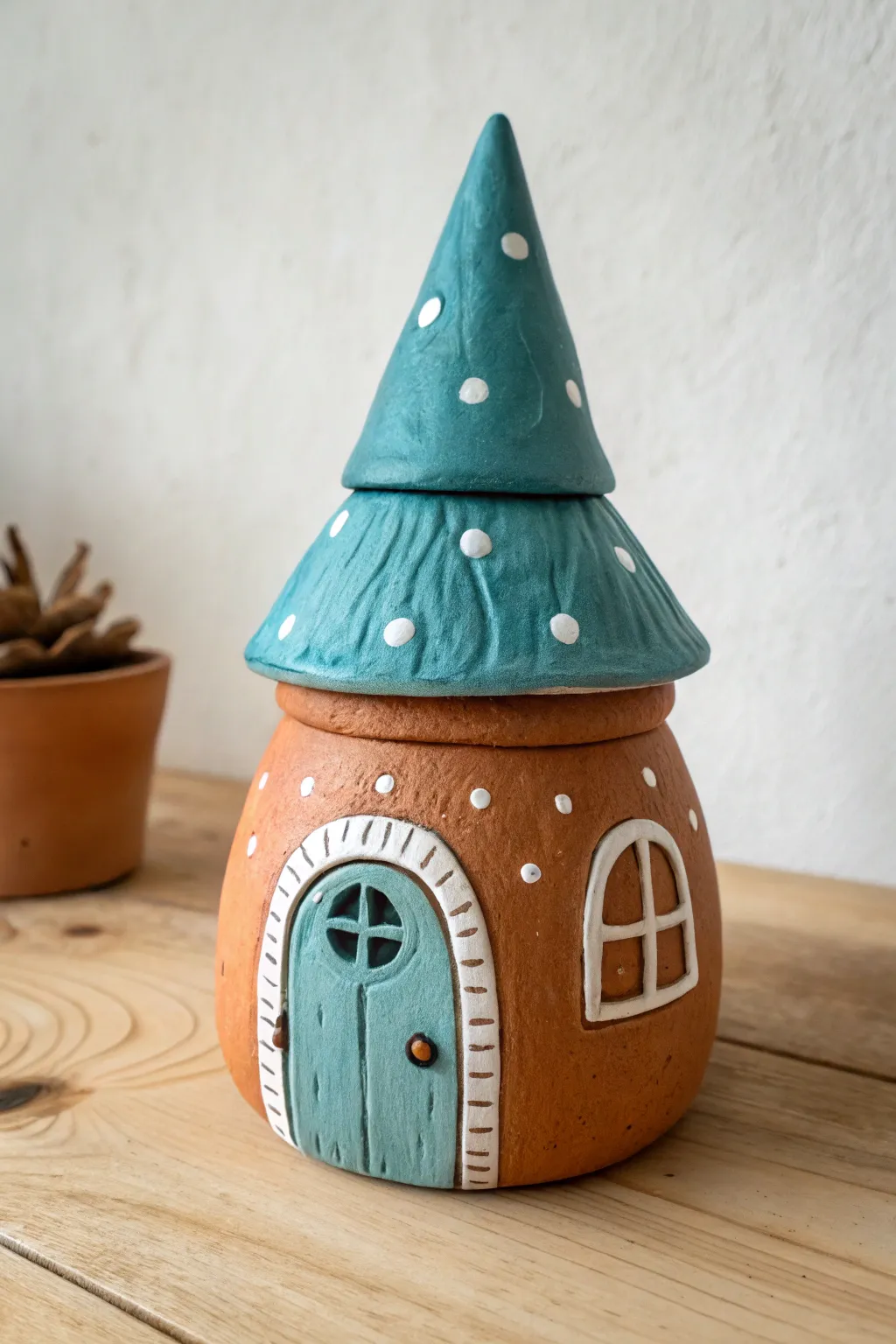 Cozy gnome home clay jar with a tall hat lid, cute door details, and bold modern color.