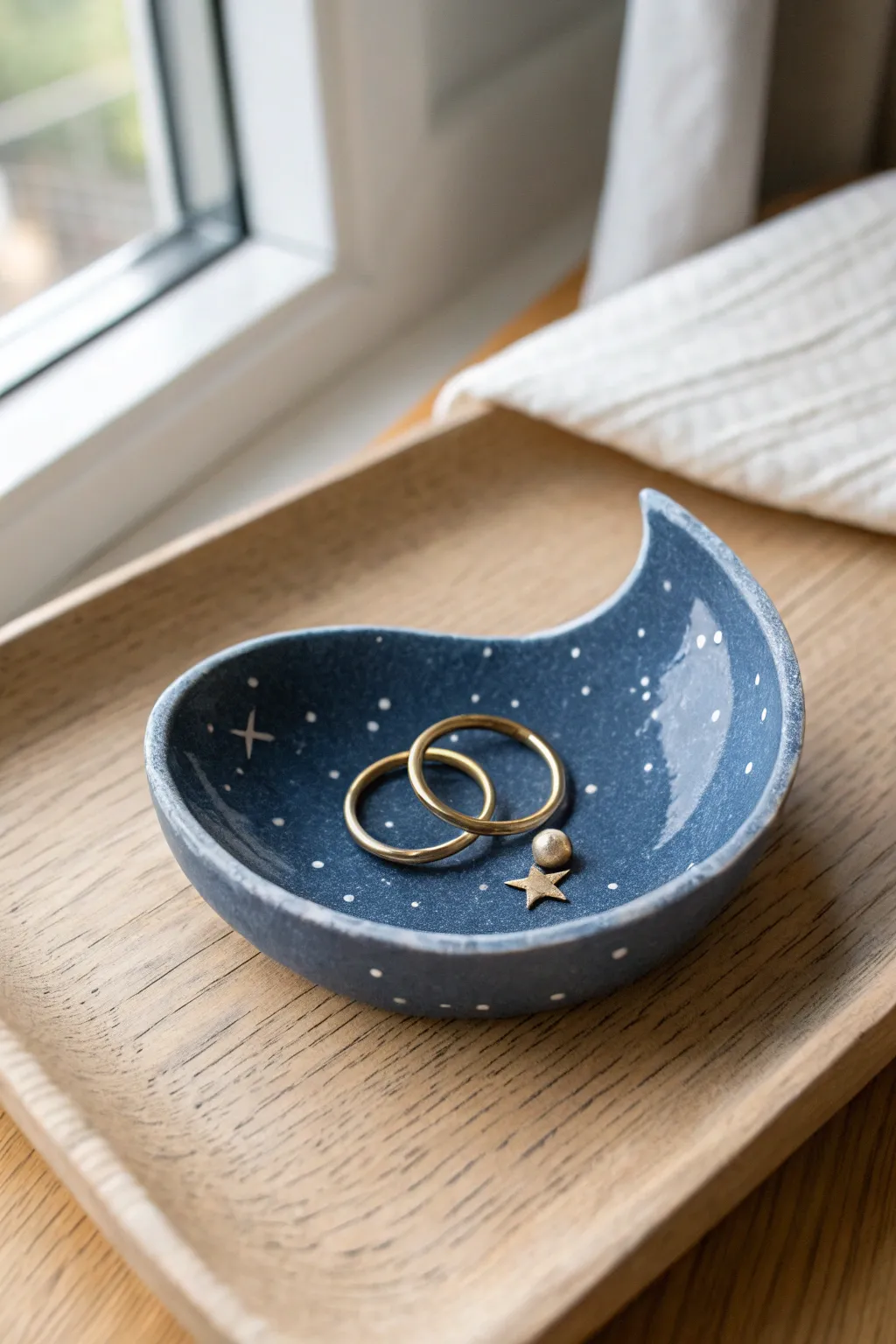 Crescent moon clay earring catchall in speckled night-sky navy with ring space